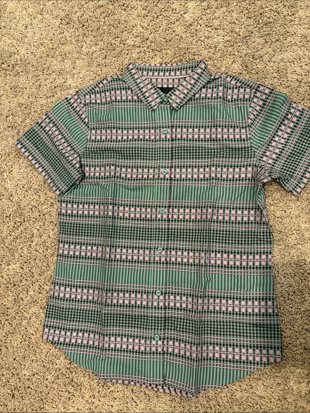 Men's/women’s Short Sleeve Patterned Button-Up Shirt - Green/Pink